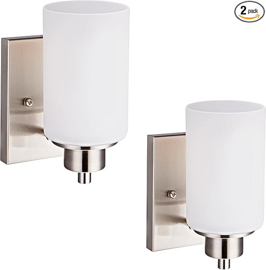 2 Pack Modern Bath Vanity Light Fixture 1-Light, Indoor Bathroom Wall Sconces for Living Room, Porch, Bedside, Brushed Nickel Finish with White Frosted Glass Shades Wall Mounted Lights
