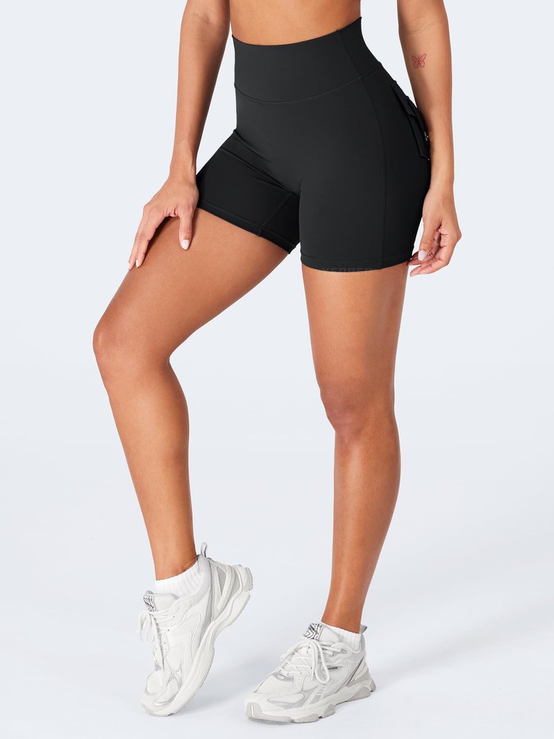 YEOREO CoreFlex Scrunch Workout Shorts with Pockets for Women 4.5" High Waisted Cargo Gym Biker Shorts Tummy Control Yoga Black