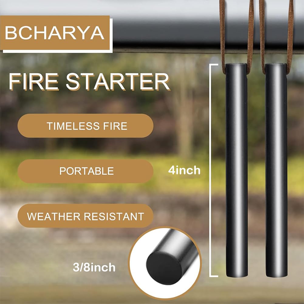 BCHARYA Fire Starter Survival Tool, Ferro Rod Kit with Leather Neck Lanyard and Multi-Tool Striker, Flint and Steel Survival Igniter with Tinder Rope and Tab for Camping, Hiking and Emergency