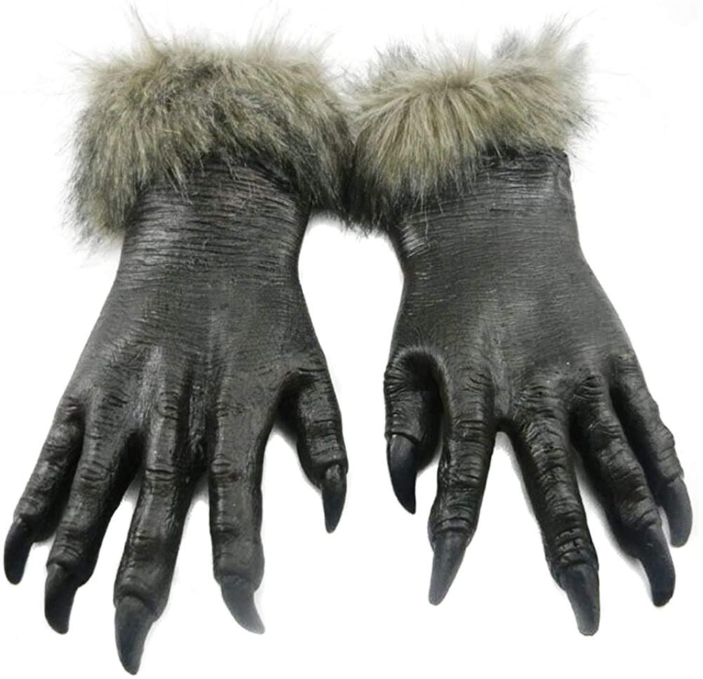 Odowalker Halloween Werewolf Costume Wolf Claws Gloves and Head Mask for Cosplay Costume Man Women Unisex Halloween Dress Up Parties (Both of them)