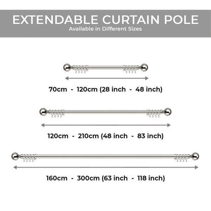 Aspire Homeware Curtain Poles Metal Plain Ball Extendable Curtain Pole 160 cm to 300 cm Brushed Silver Adjustable Curtain Rod 28 mm Diameter with 60 mm Finials, Rings, Brackets, and Fittings Set