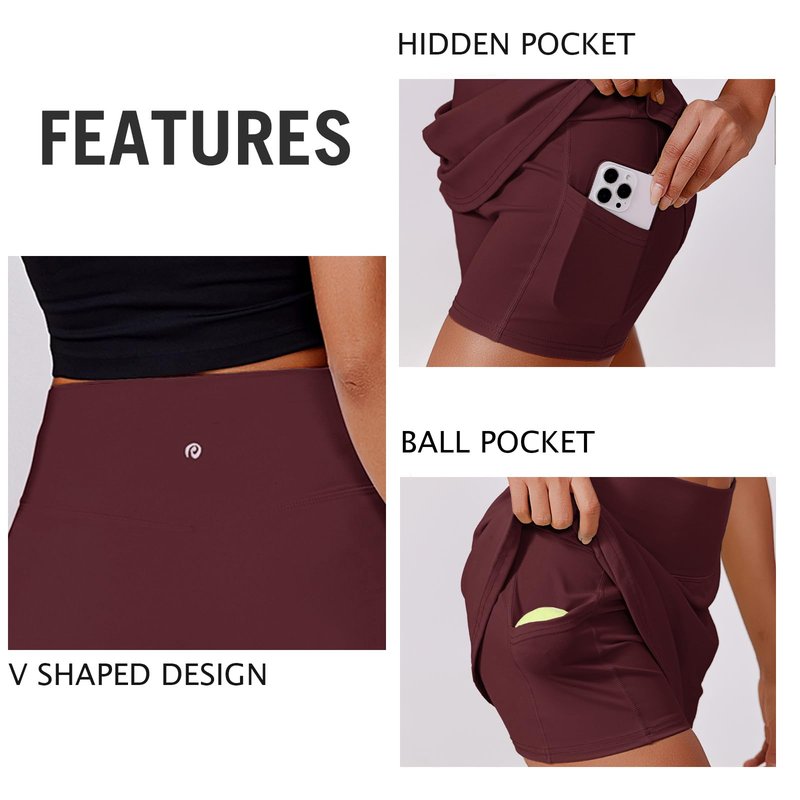 PINSPARK Skorts for Woman High Waisted Tennis Skirt Stretchy Workout Skort Skirts Lightweight Golf Skorts with 2 Pockets Activewear, Red Merlot XL