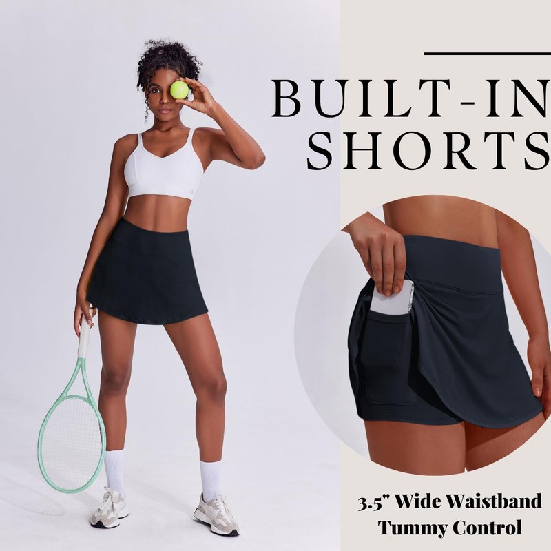 PINSPARK Womens Tennis Skirt High Waisted Golf Skirts with Shorts Underneath Quick Dry Workout Skort Flowy Athletic Skorts, Dark Navy Large