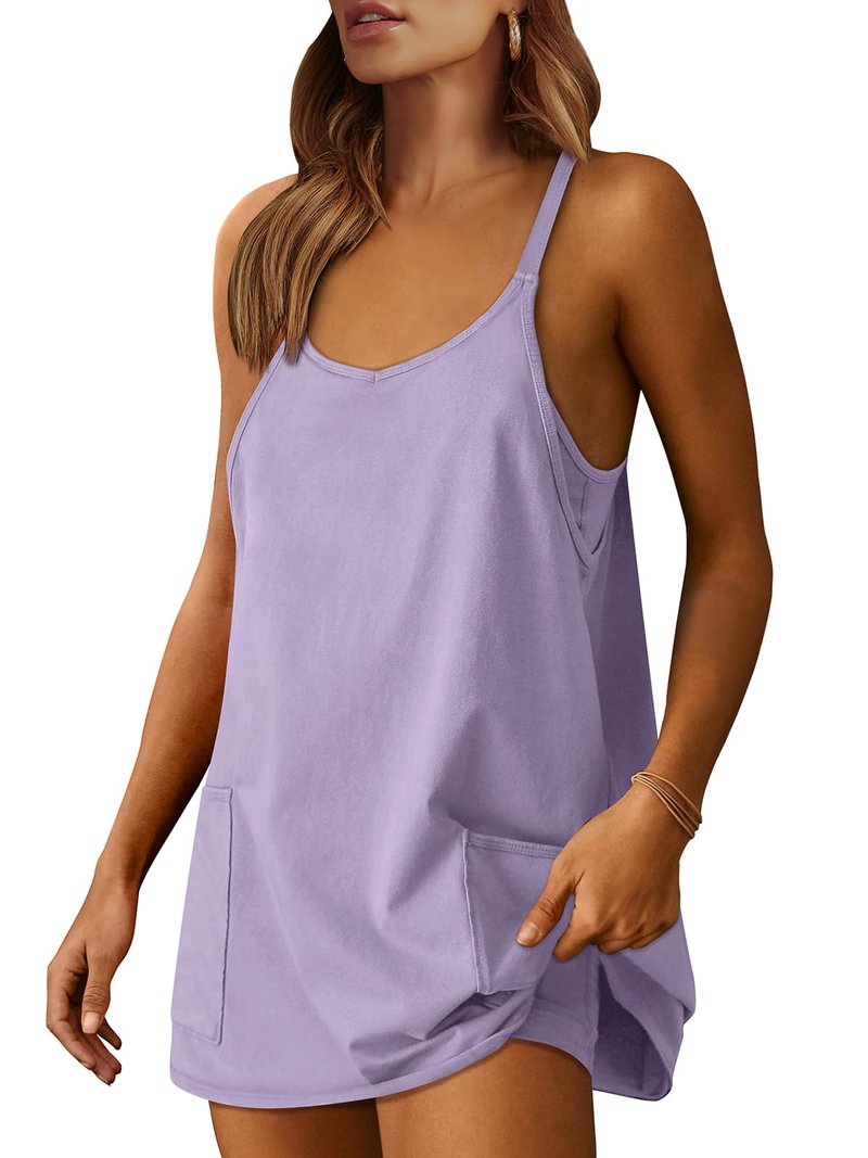 ANRABESS Women Athletic Dress Summer Tennis Workout Active Sports Mini Romper Dress Built in Shorts Travel Vacation Clothes Light Purple Medium