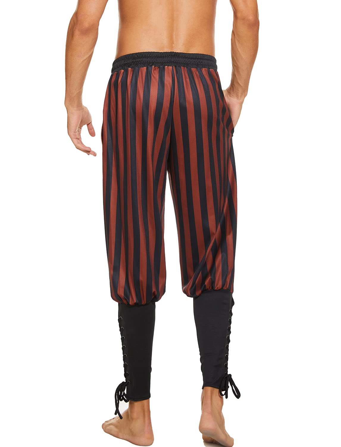 Mens Vintage Striped Pirate Pants Costume, Halloween Medieval Ankle Banded Pants, Renaissance Gothic Viking Navigator Trousers (L,Black-Brown)