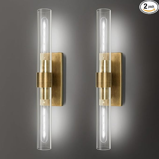 Brass Wall Sconces, 22.8" Bathroom Light Fixtures, Gold Wall Sconces Set of 2, 2-Light Dimmable Wall Sconce with Glass, Modern Vanity Light Up and Down Wall Lighting for Living Room Hallway