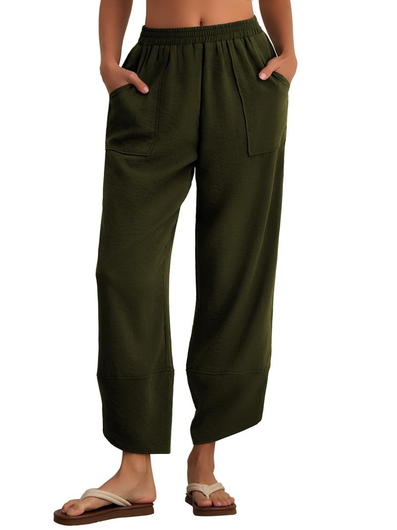 Feiersi Womens Baggy Wide Leg Pants Elastic Waisted Casual Palazzo Harem Pants Summer Beach Trousers(Army Green,Large)
