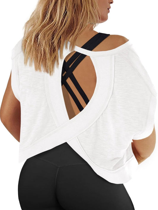 Fisoew Womens Plus Size Open Back Workout Tops Backless Short Sleeve Athletic Shirt Running Crop Top Gym Yoga T-Shirt White