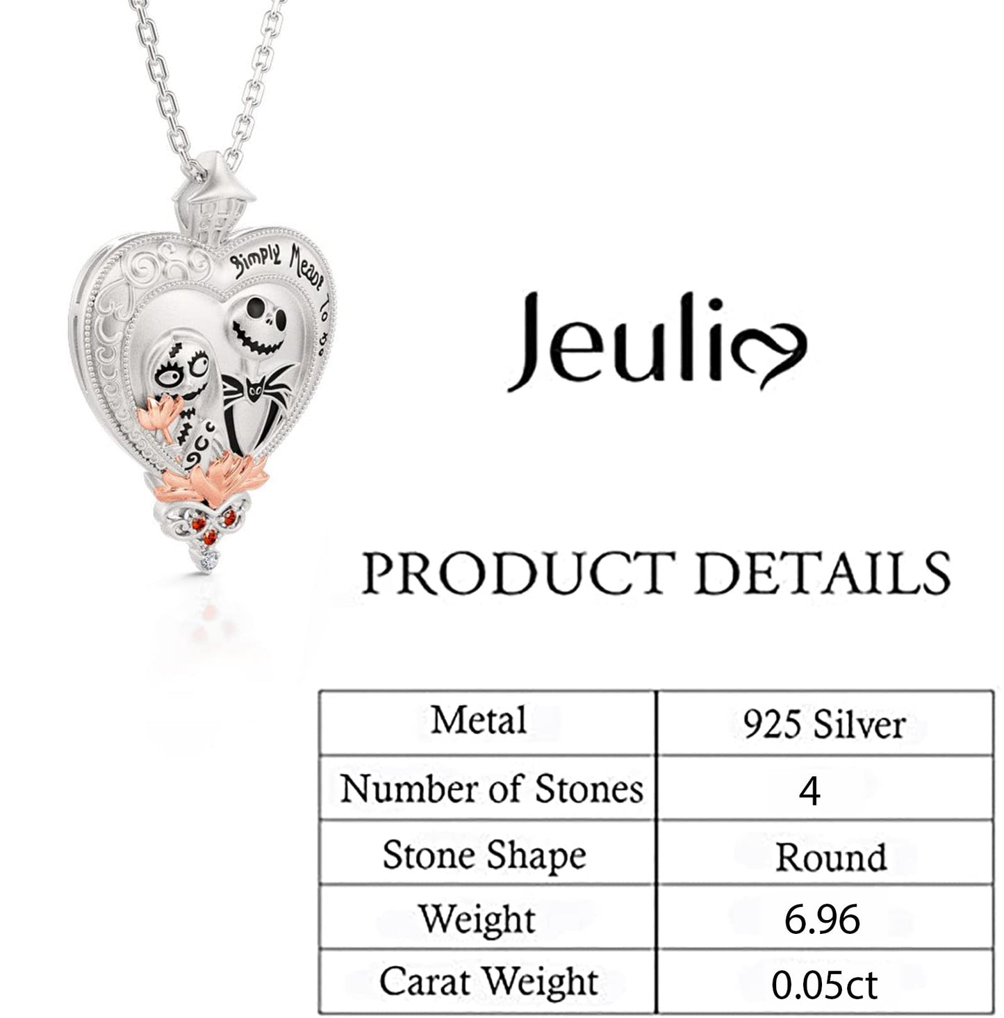 Jeulia Jack Gothic Love Necklace - 925 Sterling Silver Nightmare Pendant Skull Sally Heart Pendant, Spider Web Chain, Halloween Jewelry Gift for Her (Haunted Holidays Inspired)