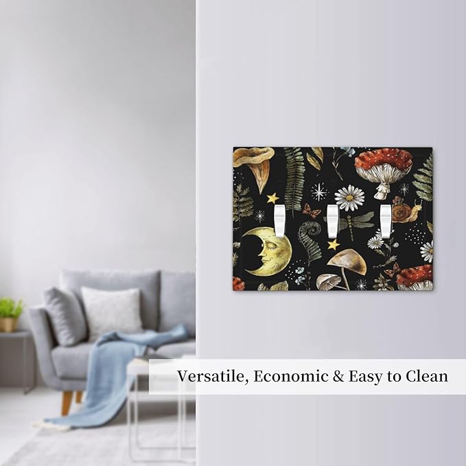 Nature Plant Botanical Daisy Mushroom Snails And Moon 3 Gang Wall Plates Decorative Triple Toggle Light Switch Cover Electrical Switchplate Unused Decorate Faceplate for Bathroom Home