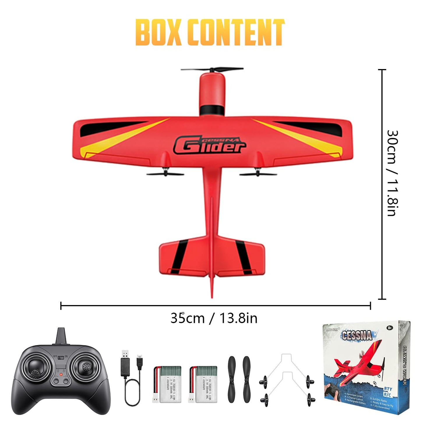 HAWK'S WORK 2 Channel RC Airplane, RC Glider Ready to Fly, 2.4GHz Remote Control Cessna, Easy to Fly RC Toy for Kids & Beginners (Red)