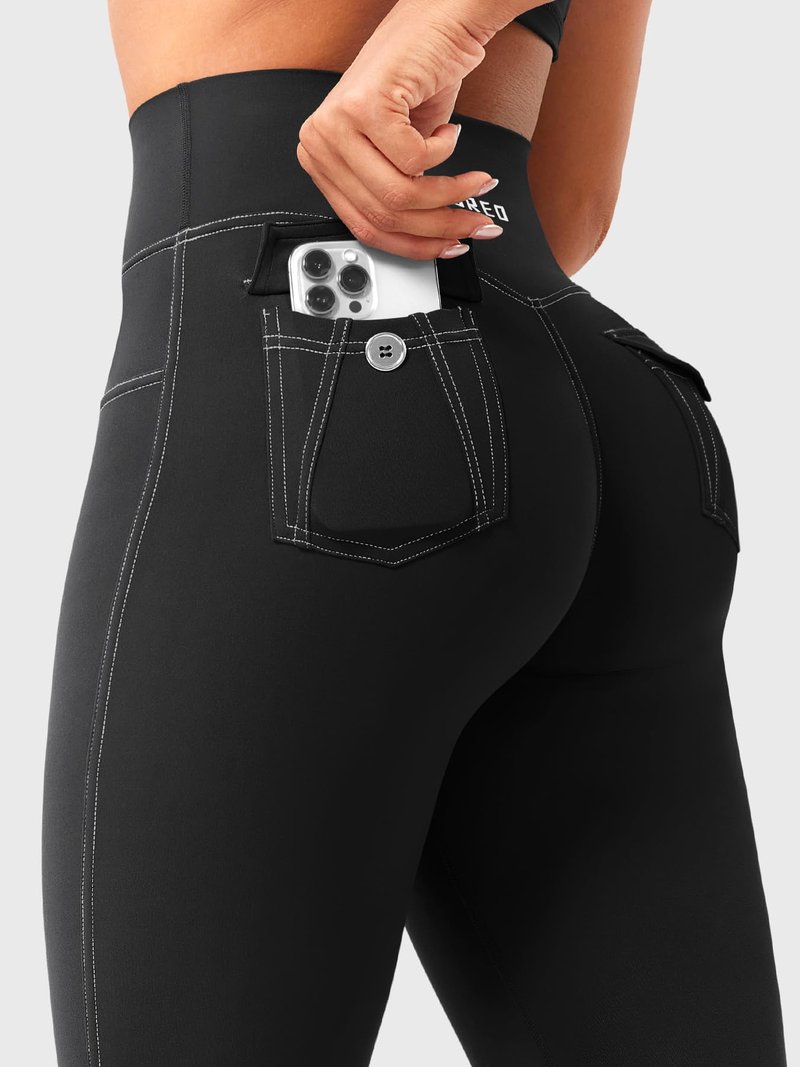 YEOREO CoreFlex Women Workout Leggings with Pockets Scrunch Butt Lifting Gym Cargo Denim-Look Yoga Pants Black L