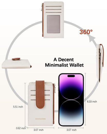 BOSTANTEN Slim Wallet Women RFID Blocking Card Holder Leather Bifold Wallet with Zipper Pocket Beige＆Brown