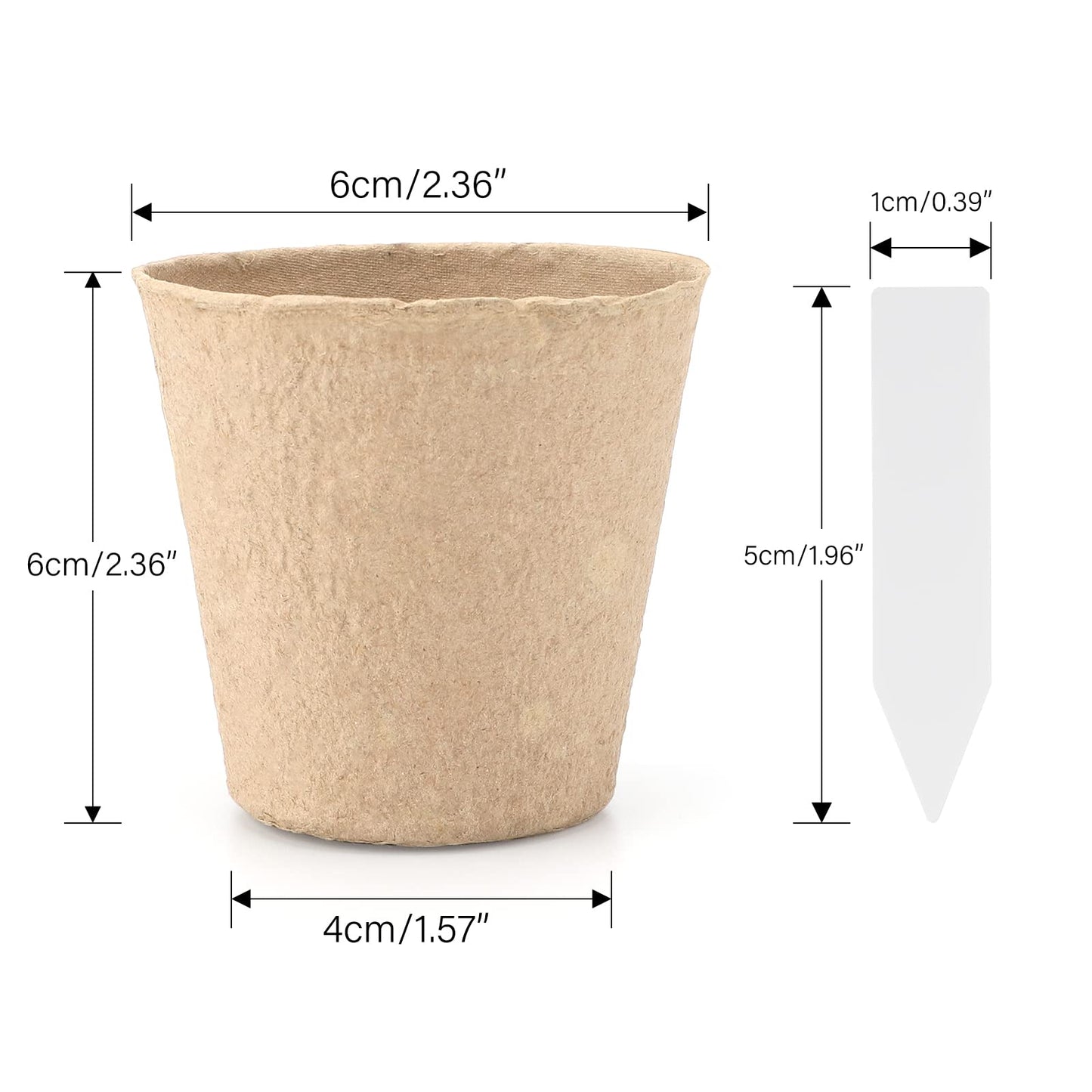 KINGLAKE Biodegradable Small Plant Pots Fibre Seedling Pots, 6cm 100Pcs Compostable Flower Seed Pots for Planting Vegetables, Fruits, Herbs with 100 Plant Labels