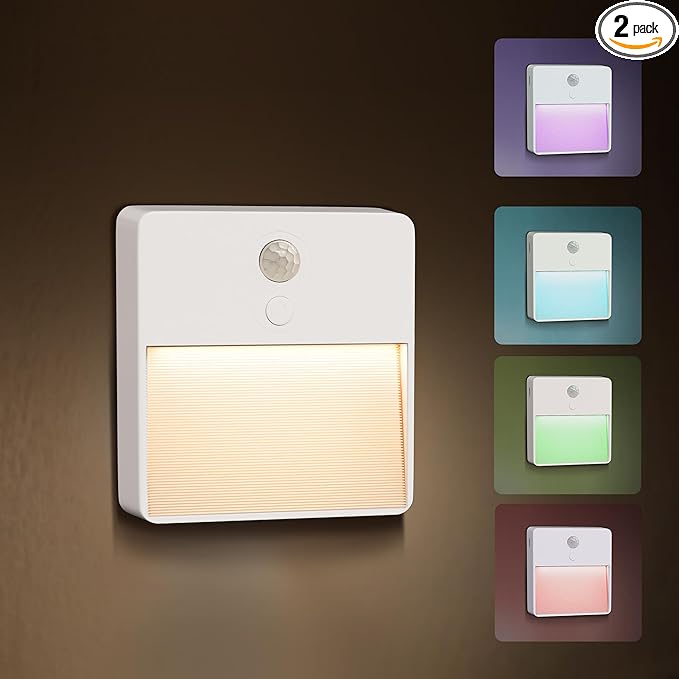 LED Night Light with Motion & Dusk Sensor, 2-Pack, Battery-Powered & Rechargeable, Multi-Color Adjustable, Dimmable