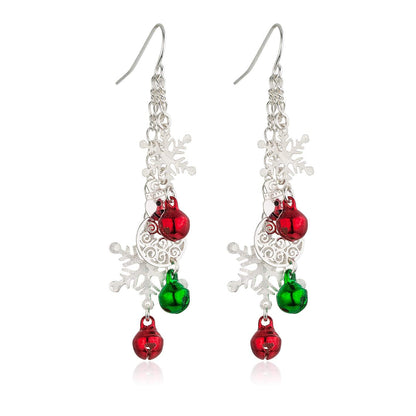 RareLove Three Layered Christmas Ring Bell Piercing Dangle Earrings Snowman Snowflake Silver Plated Alloy Holiday Jewelry For Women