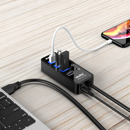 atolla USB Hub with 4 USB 3.0 SuperSpeed Data Ports and 1 USB Smart Charging Port, USB Splitter with Individual On/Off Switches and 5V/3A Power Adapter