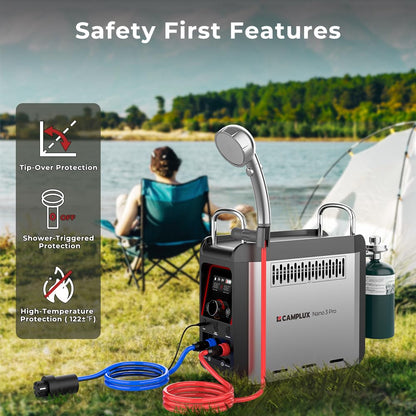 CAMPLUX Nano 3 Pro 1 lb Propane Portable Water Heater, Table Top Camp Water Heater & Shower Pump w/Built-in Battery, Compact Outdoor Camping Hot Showers