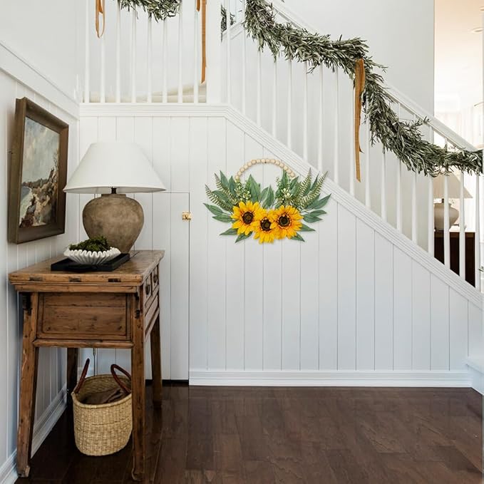 Spring Wreaths for Front Door 10" Artificial Floral Wood Bead Wreaths Eucalyptus Leaves Sunflower Wreaths for Front Door Boho Farmhouse Wall Decor 2 Pack