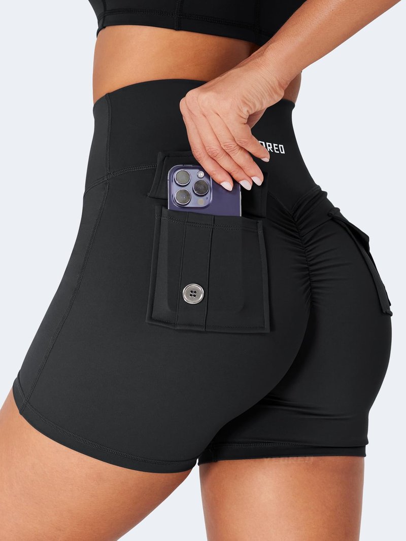 YEOREO CoreFlex Scrunch Workout Shorts with Pockets for Women 4.5" High Waisted Cargo Gym Biker Shorts Tummy Control Yoga Black