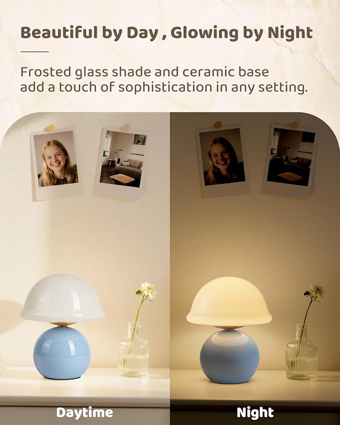 Mushroom Lamp Bedside Table Lamp for Bedroom, Cute Small Lamps with Glass Lampshade, Nightstand Lamp with Dimmer for Living Room Kitchen Apartments Offices Desk Shelves (Blue)