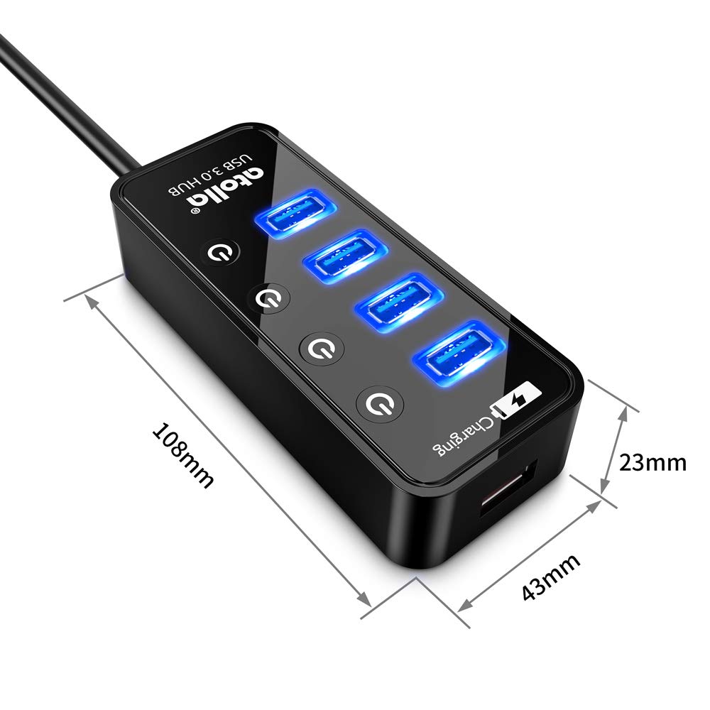 atolla USB Hub with 4 USB 3.0 SuperSpeed Data Ports and 1 USB Smart Charging Port, USB Splitter with Individual On/Off Switches and 5V/3A Power Adapter