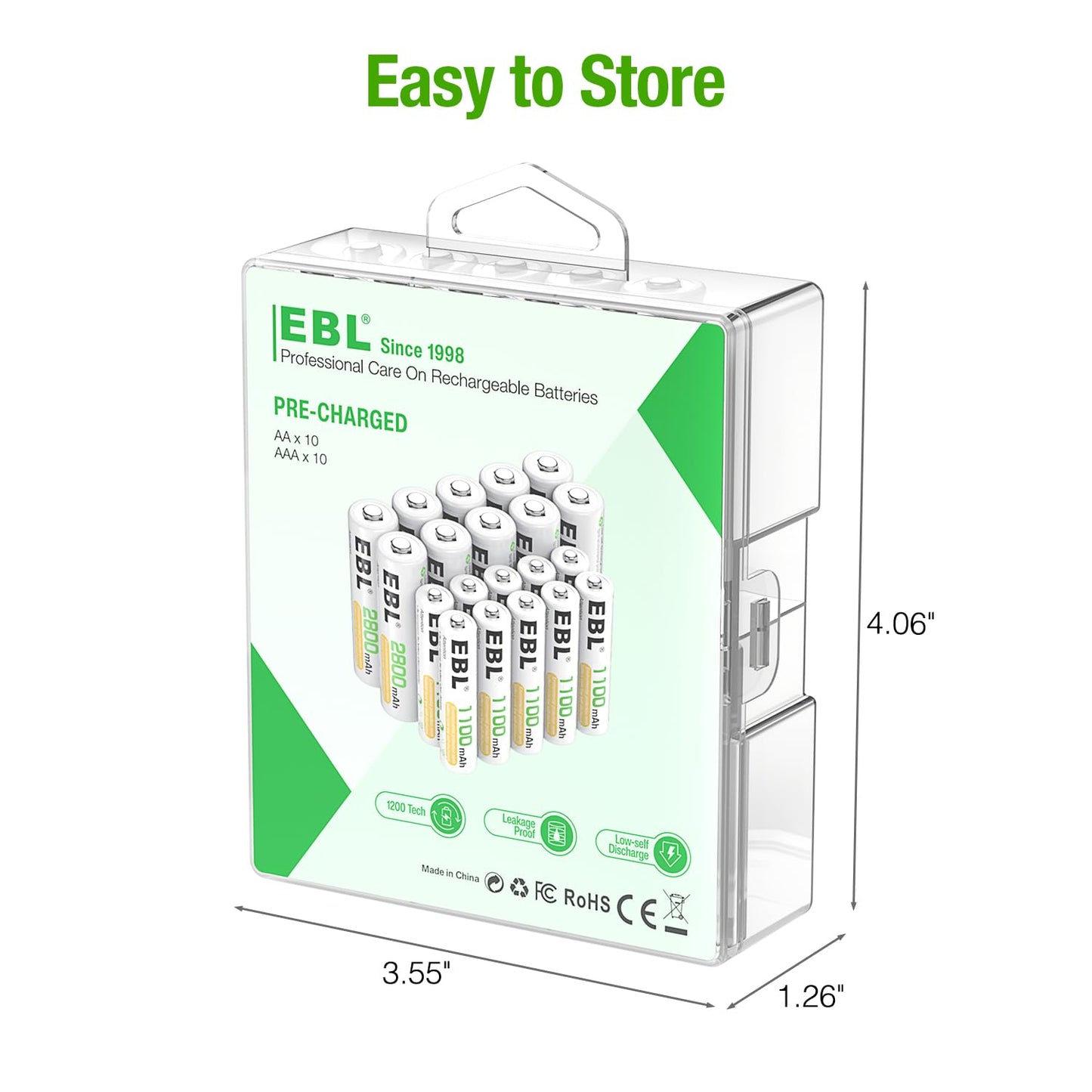 EBL Rechargeable Batteries Combo, AA 2800mAh (10 Pack) and AAA 1100mAh (10 Pack) High Capacity Precharged Ni-MH Rechargeable Batteries with Battery Organizer Storage Box