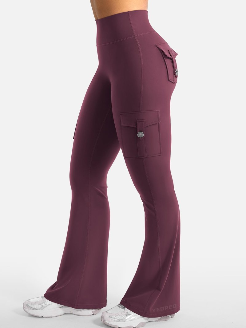 YEOREO CoreFlex Women Workout Flare Leggings with Pockets Hidden Scrunch High Waisted Cargo Gym Yoga Leggings Dark Cherry M