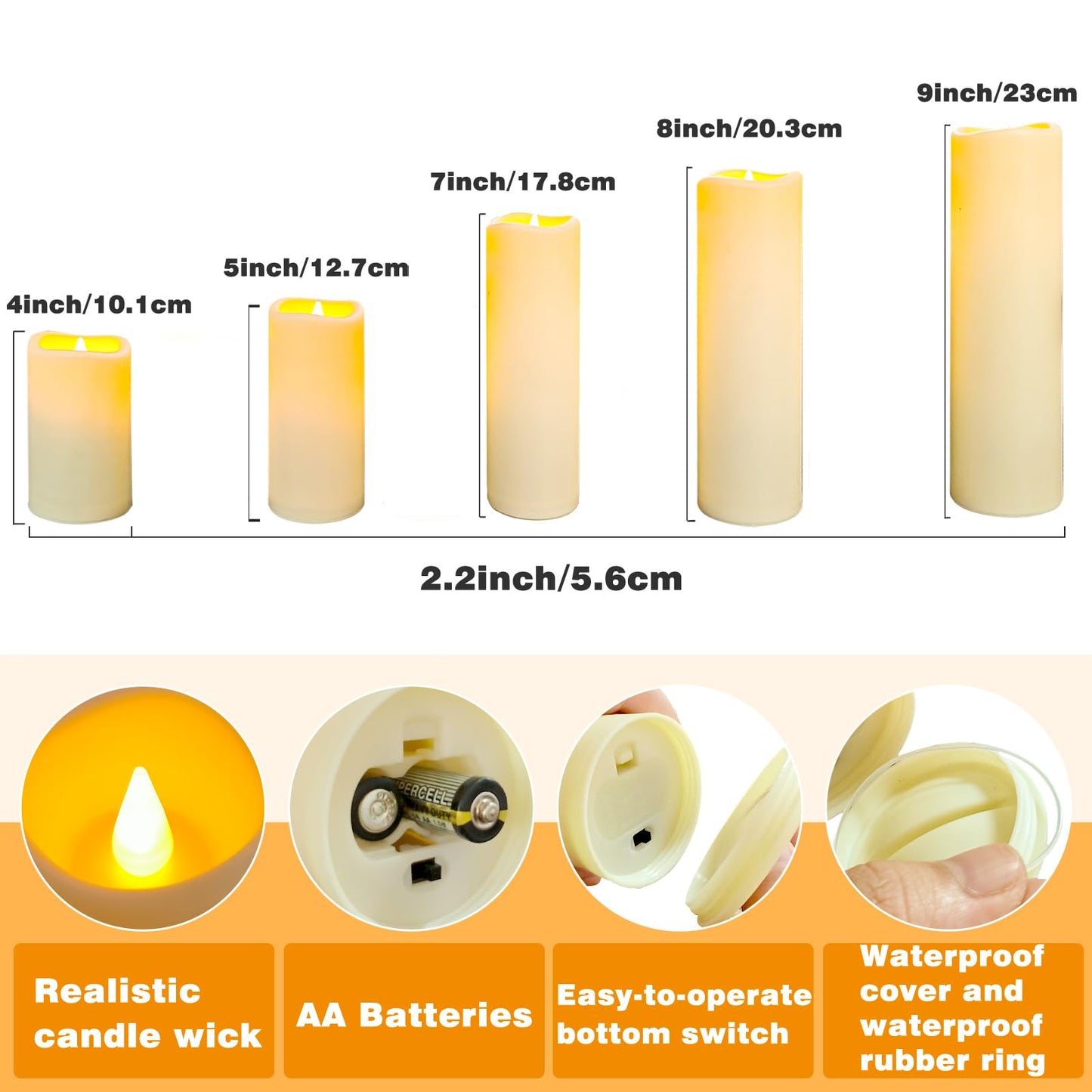 YIWER LED Outdoor Flameless Candles - Set of 5 Battery Operated Candles with 10-Key Remote Ivory Flickering Plastic Pillar Candles for Wedding, Table, Festival, Halloween, Christmas Decorations