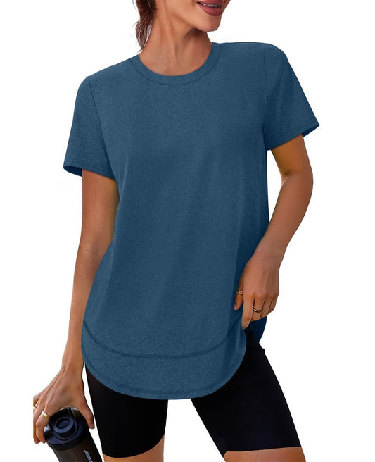 Short Sleeve Shirts for Women Workout Yoga Tops Sun Protection Clothing Summer Outfits Rash Guard Side Slit Blue XL