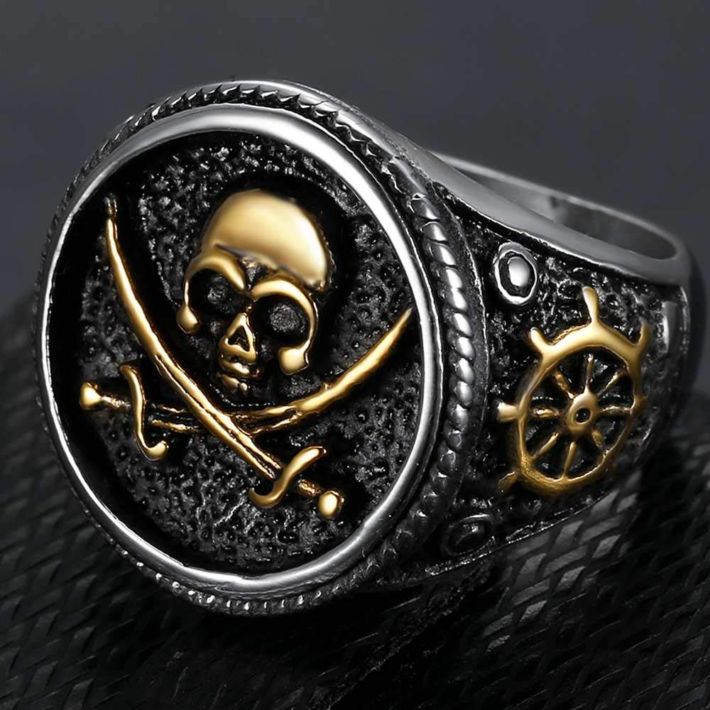 Jude Jewelers Stainless Steel Antique Vintage Skull Pirate Knife Death Halloween Cocktail Party Biker Ring (Silver Gold, 5.5)