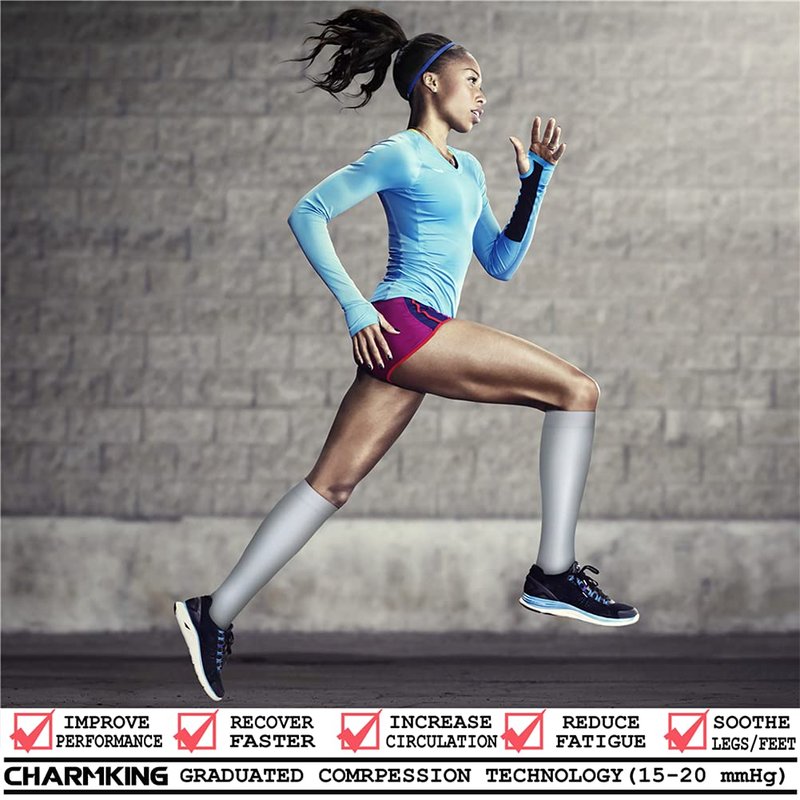 CHARMKING Compression Socks for Women & Men (8 Pairs) 15-20 mmHg Graduated Copper Support Calf Socks are Best for Pregnant, Nurses - Boost Performance, Circulation, Knee High Wide Calf(L/XL, White)