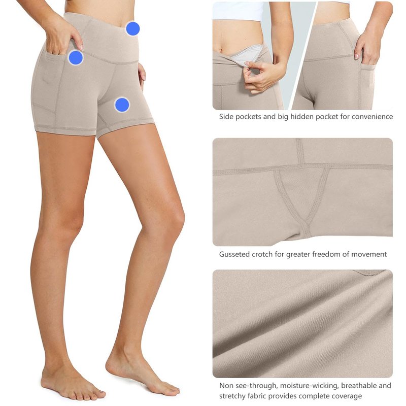 baleaf Workout Shorts Women 5" Biker Yoga Gym Spandex Running Volleyball Compression Short with Pockets Khaki S