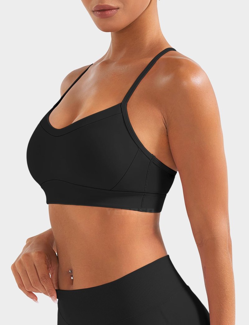 YEOREO Luciny Workout Y Back Sports Bras for Women Spaghetti Straps Racerback Padded V Neck Medium Impact Gym Bra Yoga Top Black-S