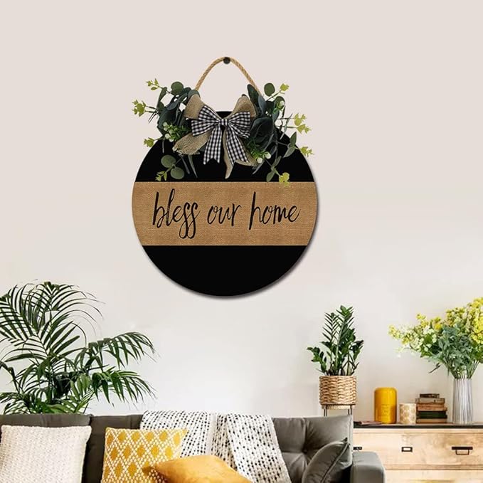 Bless Our Home Front Door Sign Funny Wreaths Hanging Wooden Plaque Decoration Round Rustic Wood Farmhouse Porch Decor for Home Front Door Decor, 12 x 12 Inch