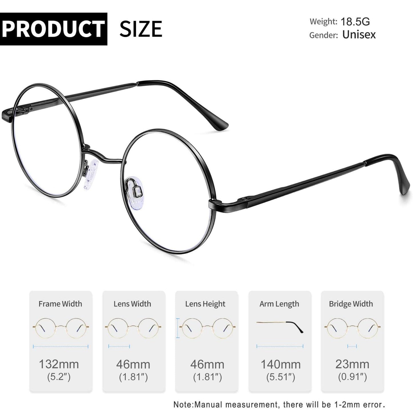 Joopin Round Blue Light Glasses Women Men, Metal Circle Blue Light Blocking Glasses Computer Gaming TV Clear Lens UV400 (Black)