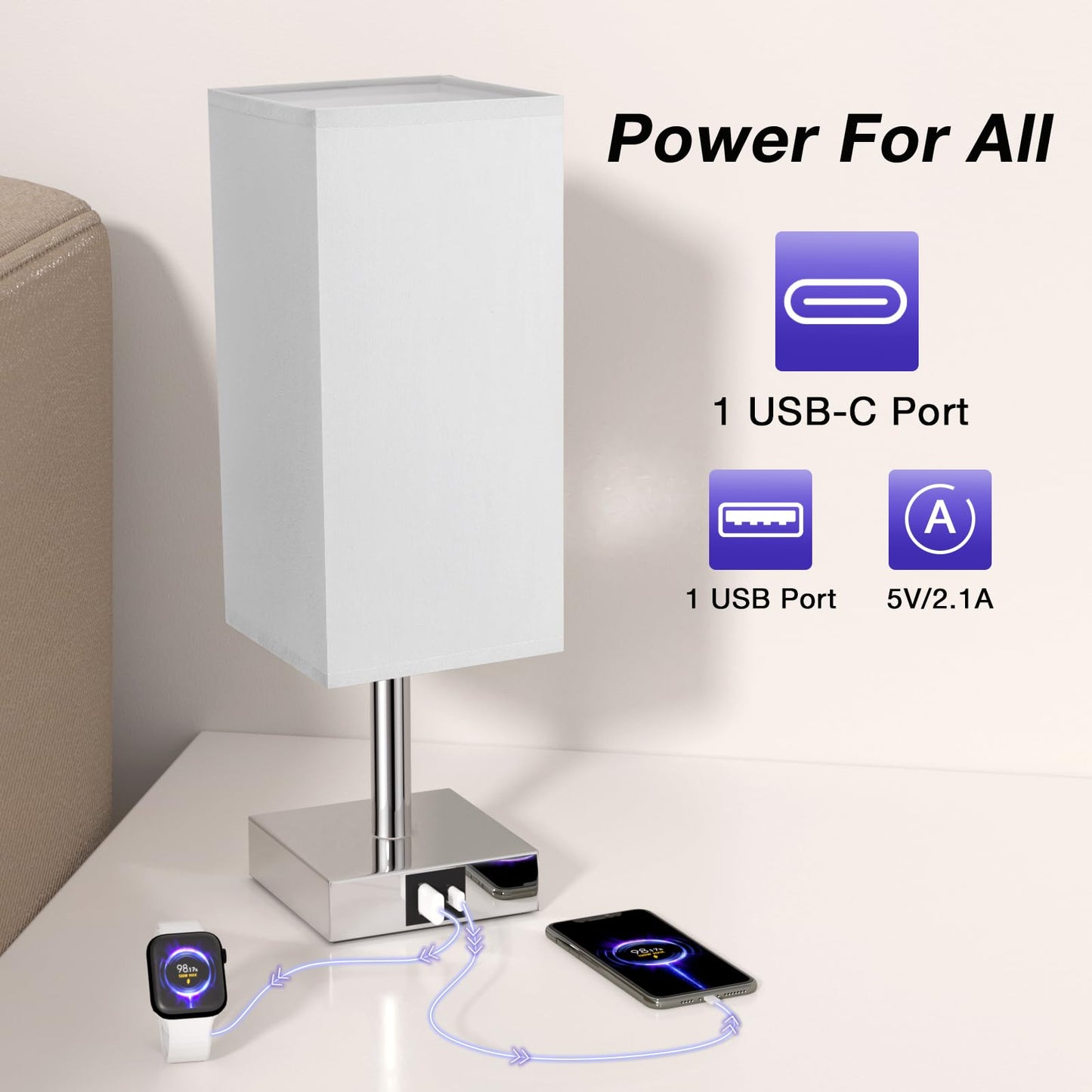 Aooshine Bedside Lamps, Touch Control Table Lamp with USB A+C Charging Ports, Lamps 3 Way Dimmable, for Bedroom Living Room Grey Fabric Shade (LED Bulb Included)