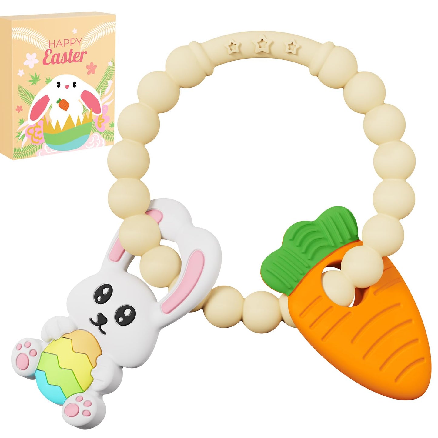 Easter Baby Teething Ring Toys – Bunny Easter Egg & Carrot Teethers for Newborns, Infants & Toddlers – Sensory Chew Bracelet for Teething Relief – Perfect Baby’s First Easter Basket Stuffers