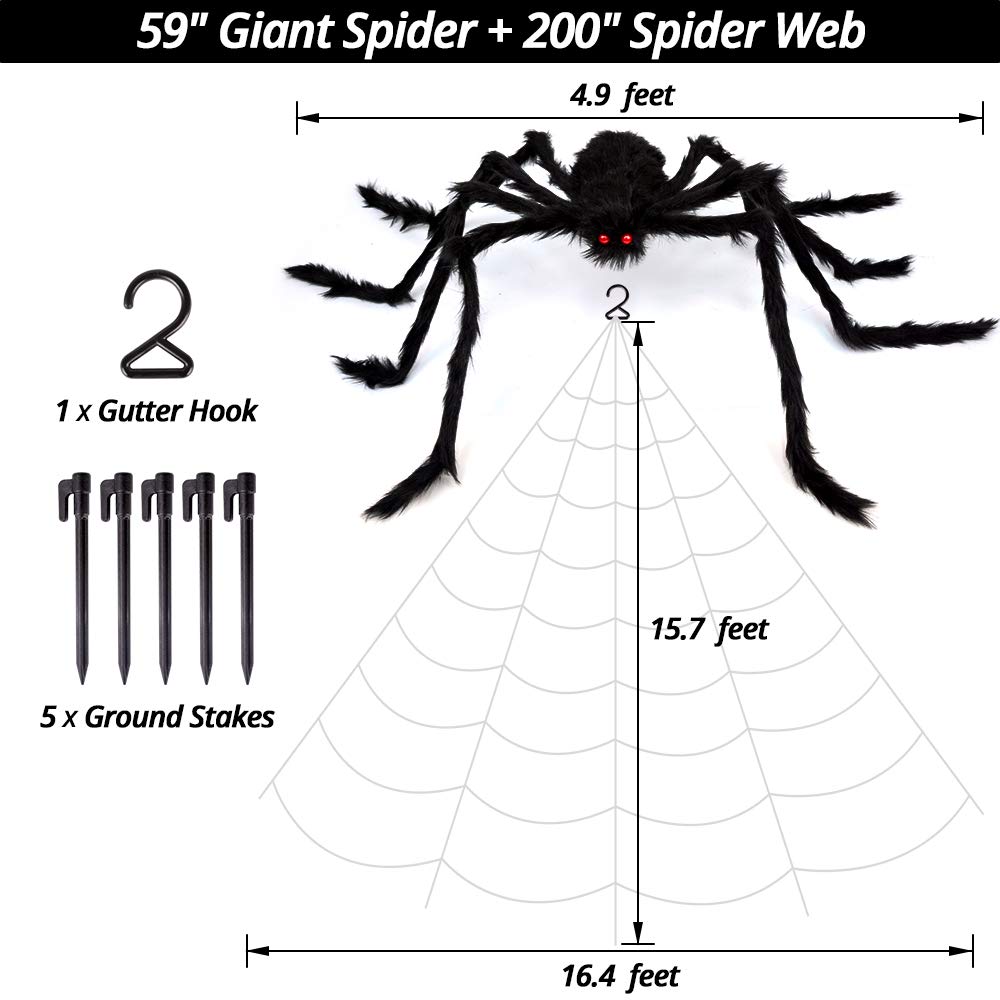200" Halloween Spider Web + 59" Giant Spider Decorations Fake Spiders with Triangular Huge Spiders Web for Indoor Outdoor Halloween Decorations Yard Home Costumes Parties Haunted House Décor