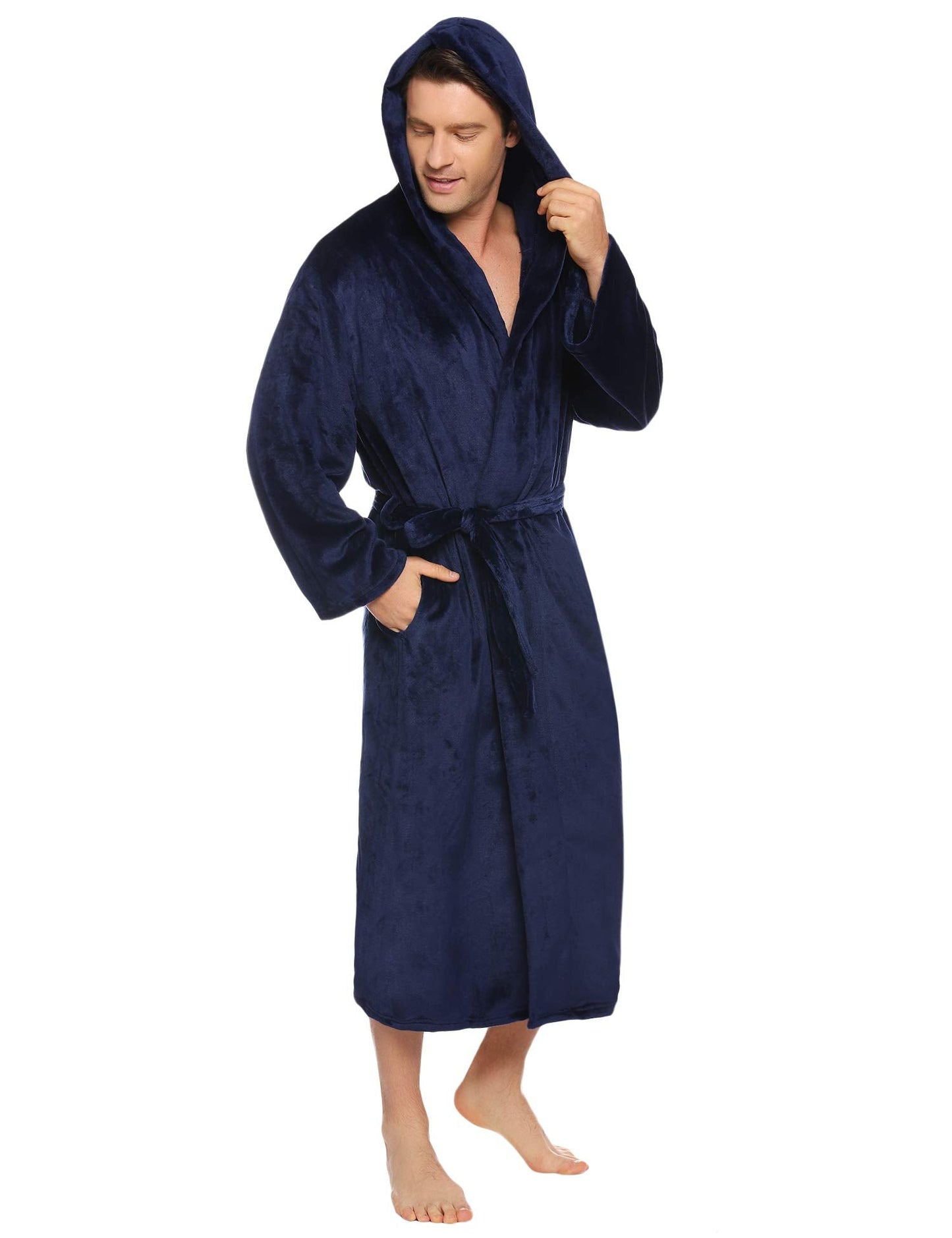 Vlazom Men Dressing Gown, Flannel Soft Bathrobe Cosy Warm Robes Fluffy Hooded Housecoat forWinter Loungewear, A-navy, XXL