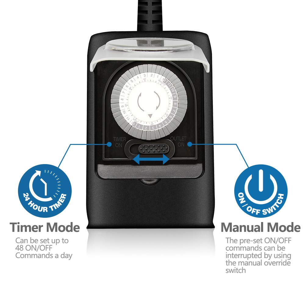 K KASONIC - Outdoor Light Timer Outlet, 24 Hour Mechanical Switch, Heavy Duty Plug in Timer Waterproof with 2 Grounded Outlet, ETL Listed (Black)