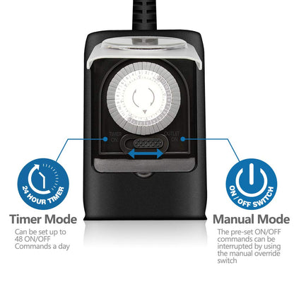 K KASONIC - Outdoor Light Timer Outlet, 24 Hour Mechanical Switch, Heavy Duty Plug in Timer Waterproof with 2 Grounded Outlet, ETL Listed (Black)