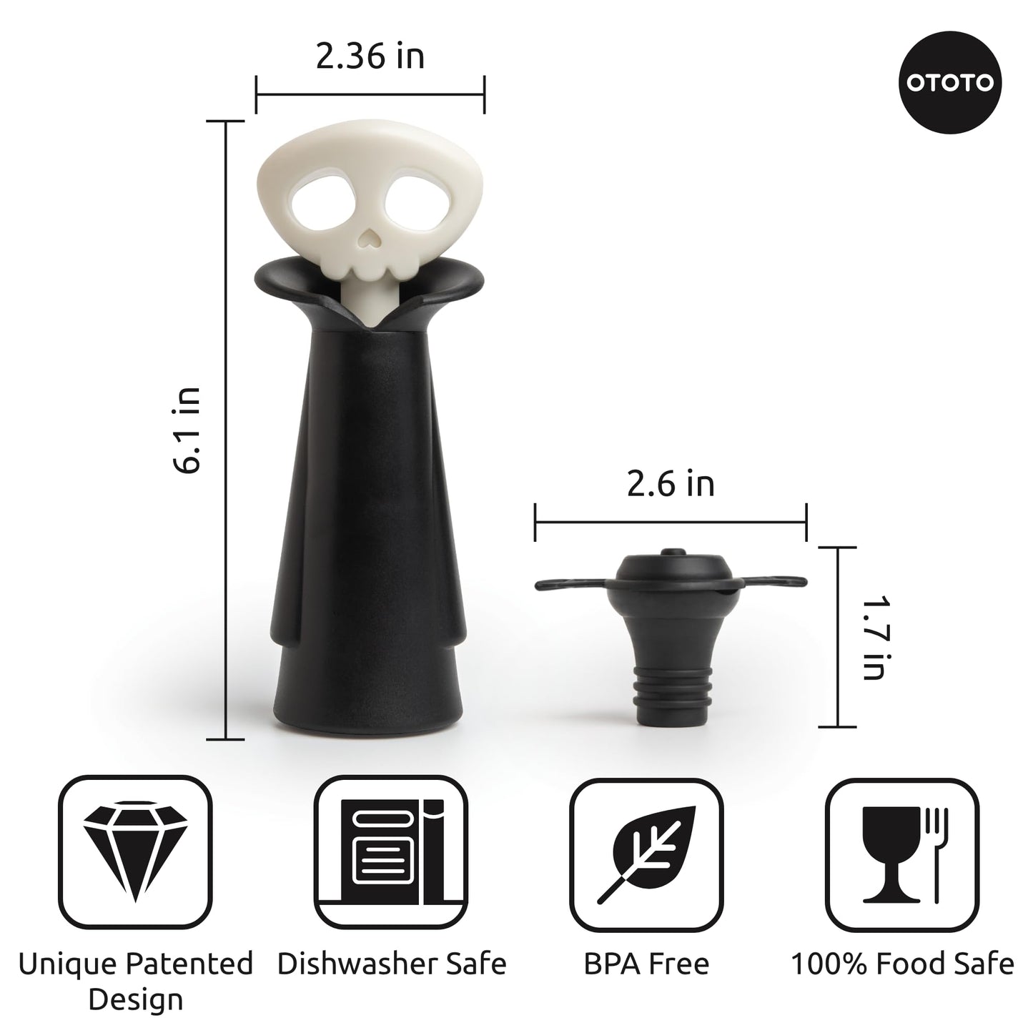 OTOTO New Spookelier Wine Saver Pump and 3 Wine Stopper - Wine Bottle Stoppers for Wine Bottles, Wine Stoppers Vacuum, Spooky Goth Accessories, Fun Skull Halloween Goth Kitchen, Goth Gifts Gadgets