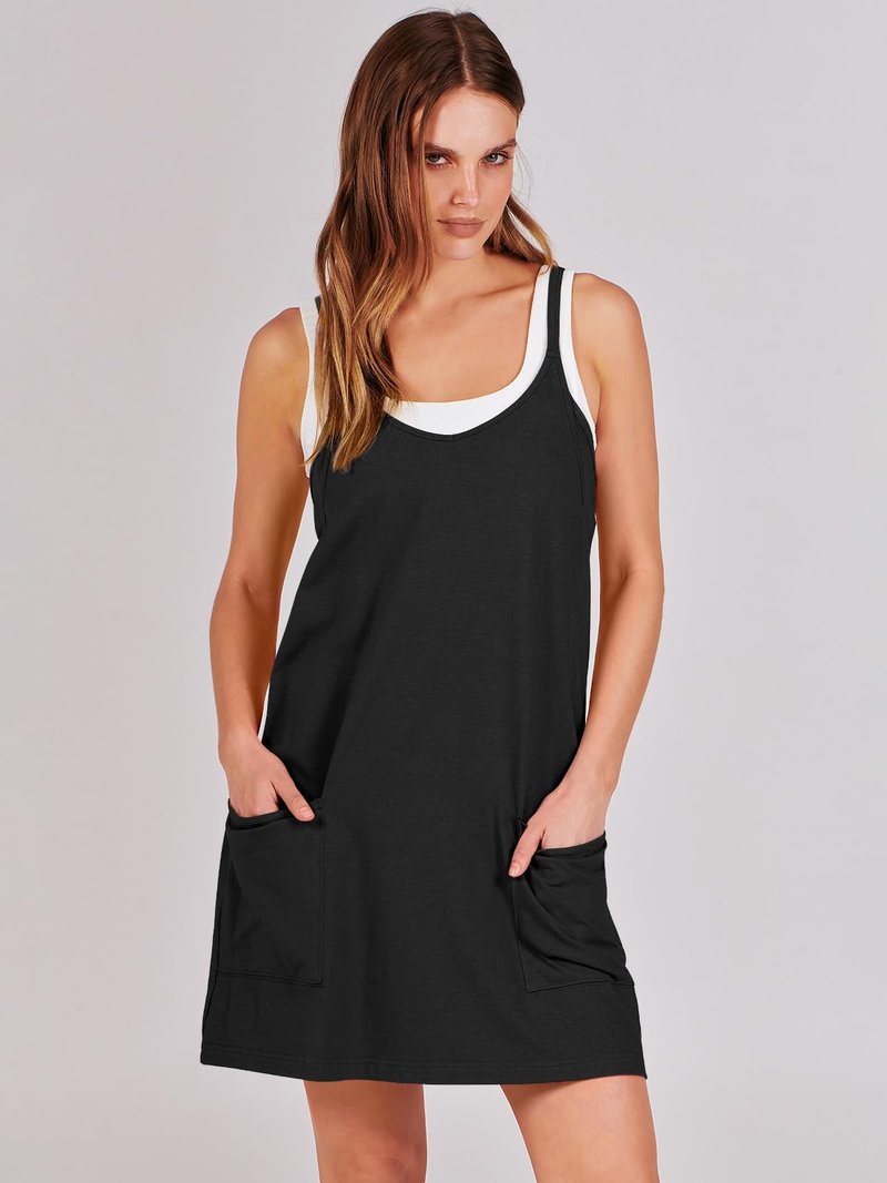 ANRABESS Women Athletic Dress Summer Tennis Workout Active Sports Mini Romper Dress Built in Shorts Travel Vacation Clothes Black X-Smal
