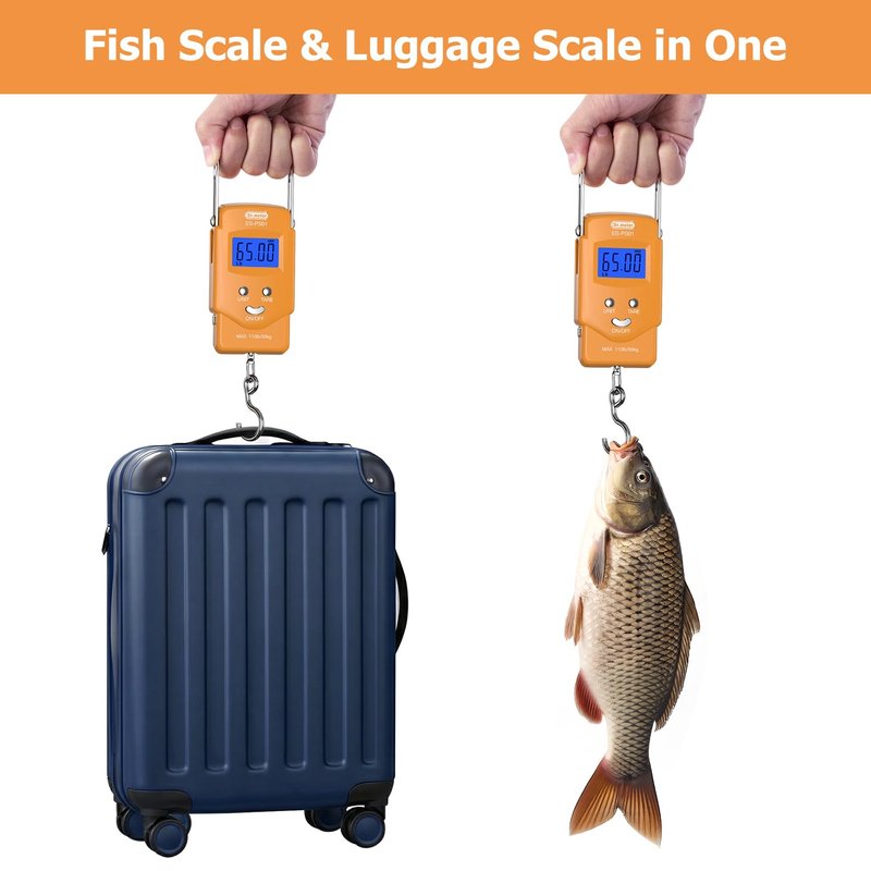 Dr.meter Fish Scale Luggage Scale Fishing Gear - 110lb/50kg Backlit LCD Display Digital Scale with Built-in Measuring Tape - Fishing Scale with 2 AAA Batteries, Pocket Size - Fishing Gifts for Men