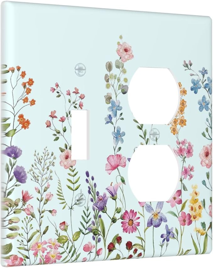 Decorative Light Switch Cover Plate Rustic Wild Floral Vintage Blue Watercolor Flower 2 Gang Outlet Covers 1 Toggle 1 Duplex Wall Plate Decorate Electrical Switch Plate Covers for Bathroom Home Decor