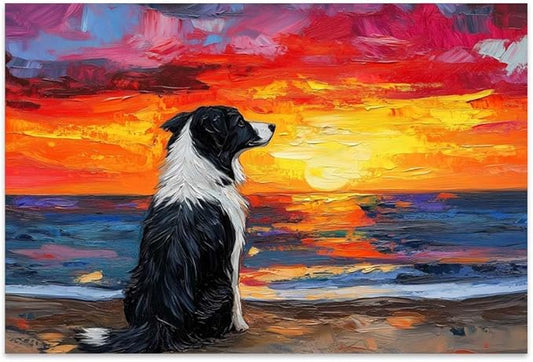 Yesad Dog Wall Art, Border Collie Painting Sunset Beach Canvas Print Impressionist Artwork Colorful Poster Pictures Gift for Dog Lover Wall Décor for Living Room Bedroom (Unframed,36”x24”, Dog1)