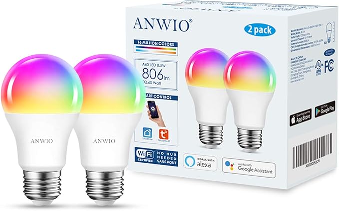 ANWIO Smart Light Bulbs 8.5W (60W Replacement) A19 E26 LED Bulb Work with Alexa, Google Assistant, Smart Life App, Tuya App, Color Changing Light Bulb,806LM,2.4Ghz only，No Hub Required（2-Pack）