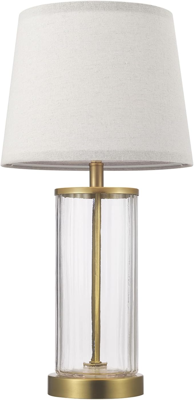 GLOBE Electric 61000063 20" Fillable Ribbed Glass Table Lamp, Matte Brass Accents, Beige Linen Shade, On/Off Rotary Switch on Socket, for Living Room, Bedroom, Office, Home Décor