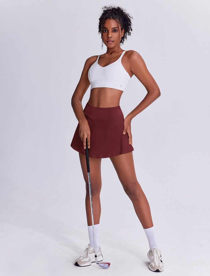 PINSPARK Skorts for Woman High Waisted Tennis Skirt Lightweight Golf Skirts with Pockets Flowy Pickleball Skirt Stretchy Athletic Skorts, Red Merlot Small